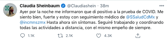 Claudia Sheinbaun ha dado positivo de COVID en su cuenta de Twitter